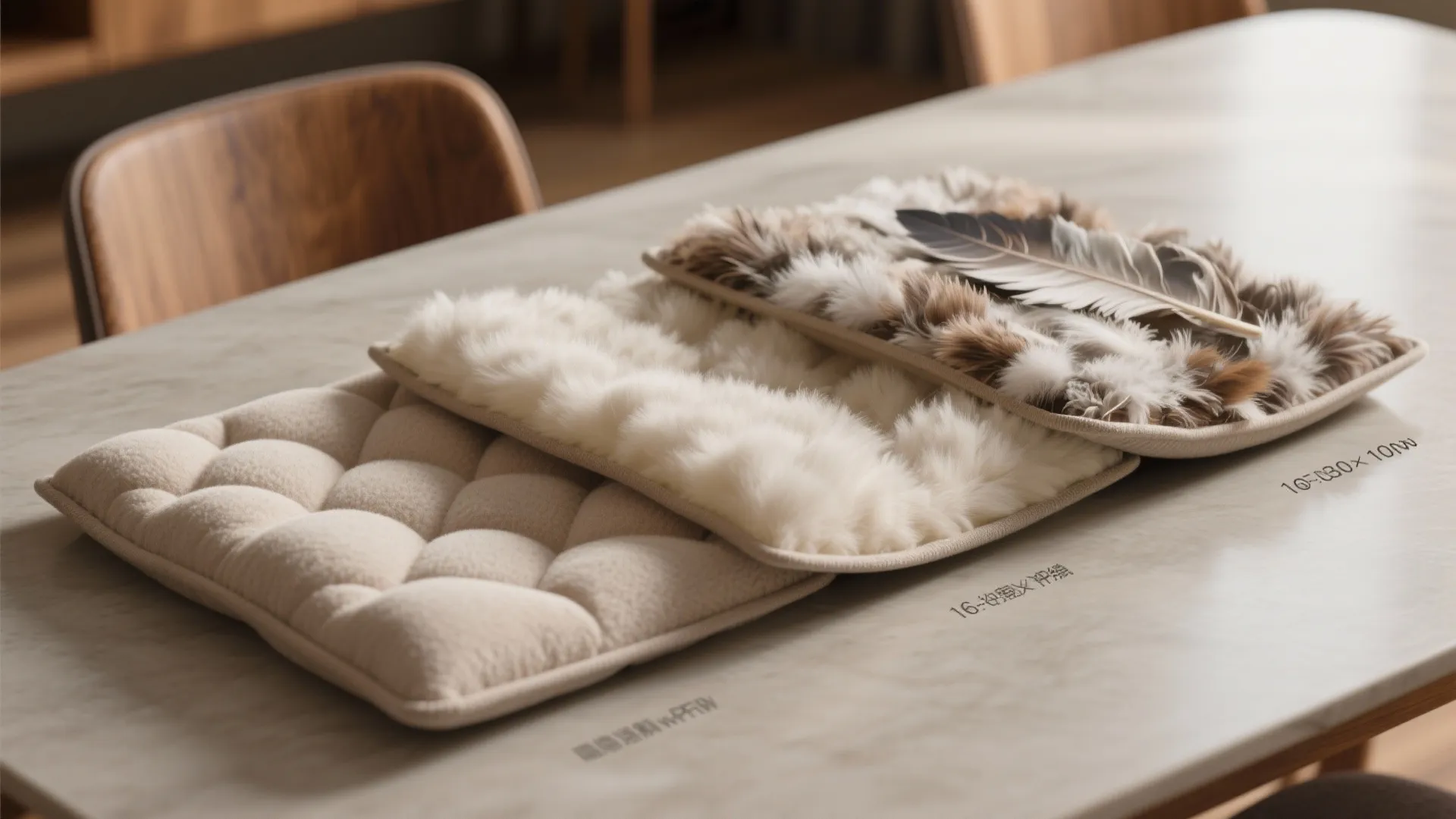 Soft beige cushions and white fluffy fur samples with a brown feather on a grey table