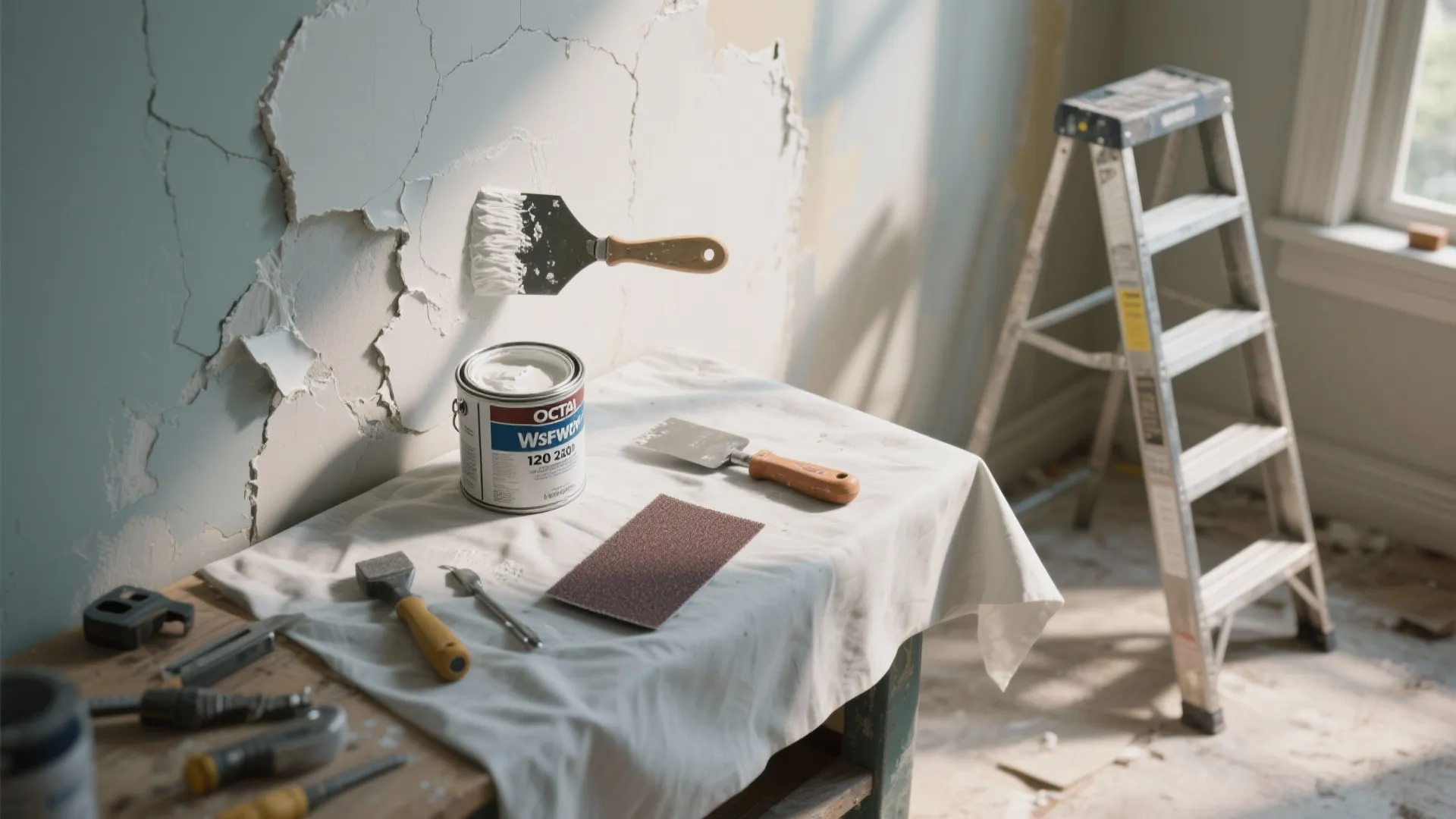 Wall repair tools including paint can sandpaper scraper and ladder near a cracked grey wall