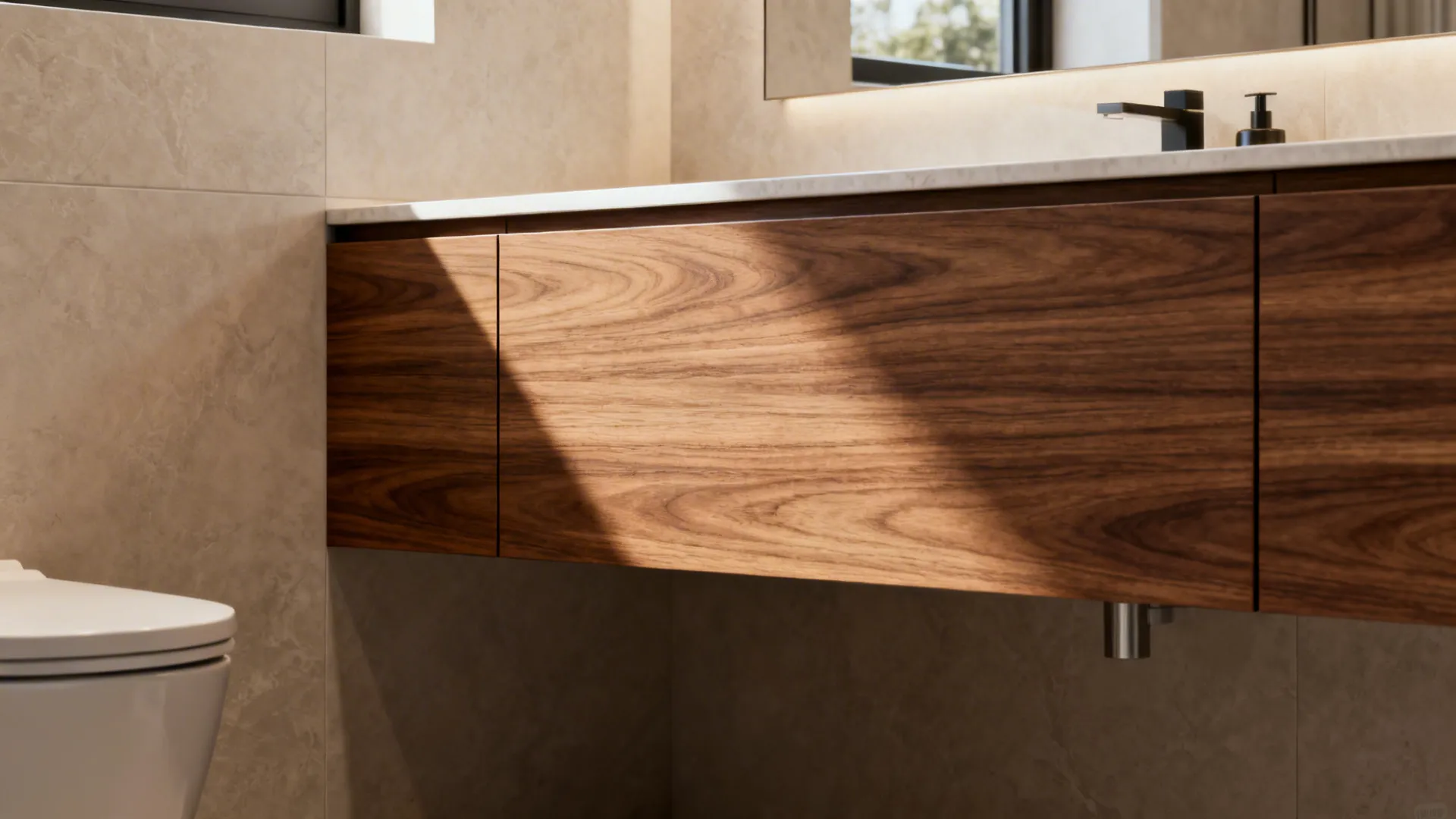 Modern bathroom with wood cabinet under white counter top next to white toilet and tiles
