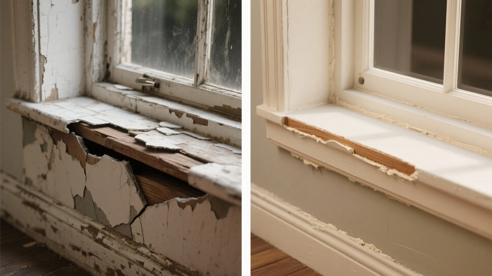 Before and after comparison of a damaged wooden window frame being fixed with white filler