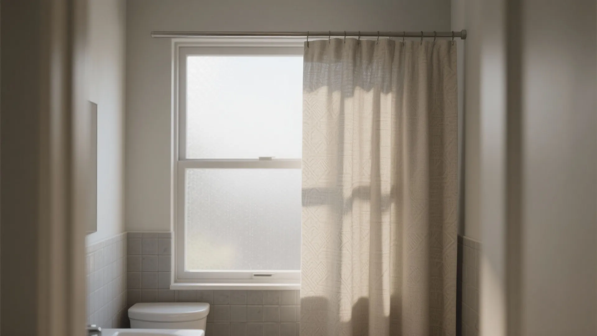 Frosted film with a slim neutral curtain panel creates privacy while keeping the small bathroom bright.