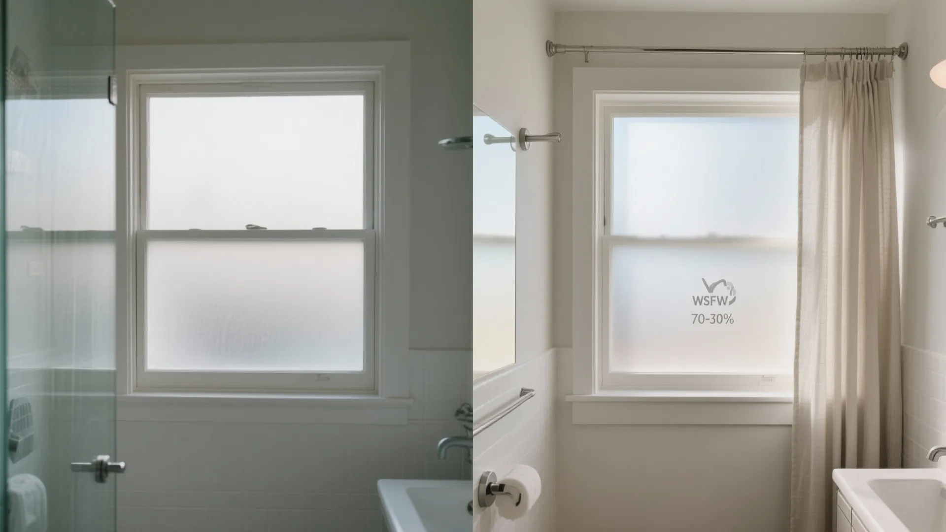 Comparison of a plain frosted window versus a frosted window with curtain and bathroom fixtures