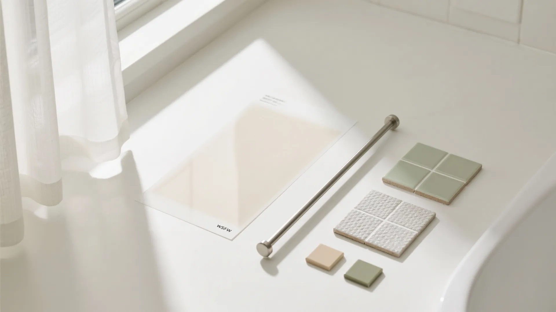 Interior design material board with green tiles white samples metal rod and paper on counter