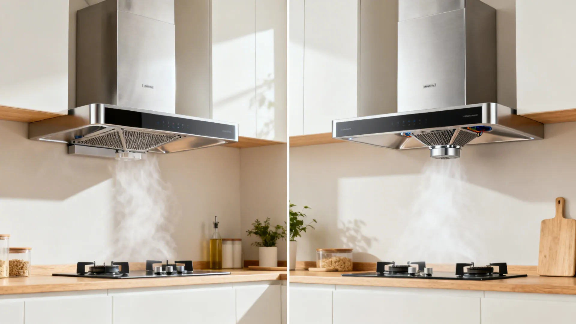 Split view comparing a mesh filter hood and a baffle filter hood in a compact kitchen.