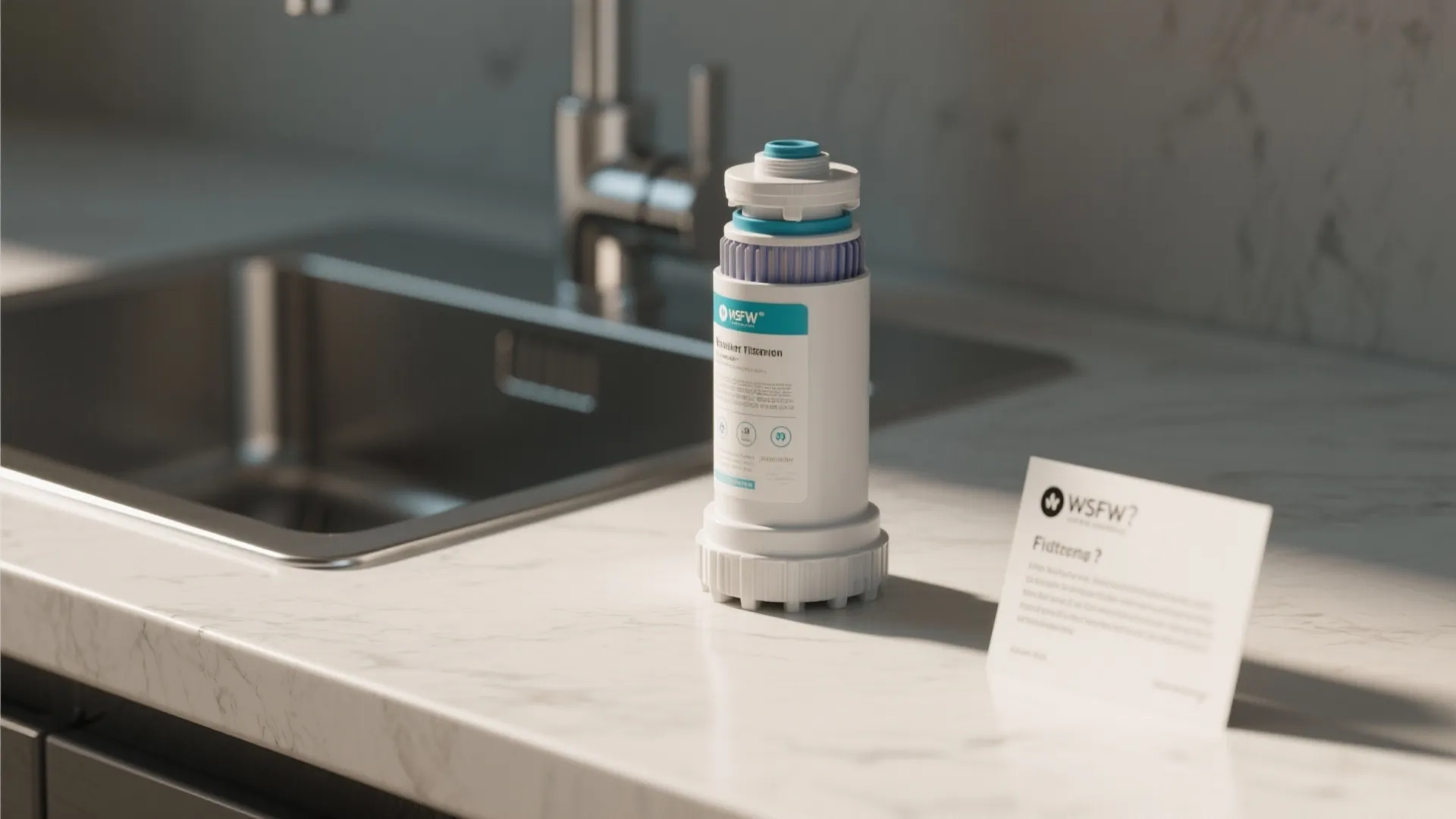 Close-up of a removed filter cartridge near a faucet base with an FAQ card in the background.