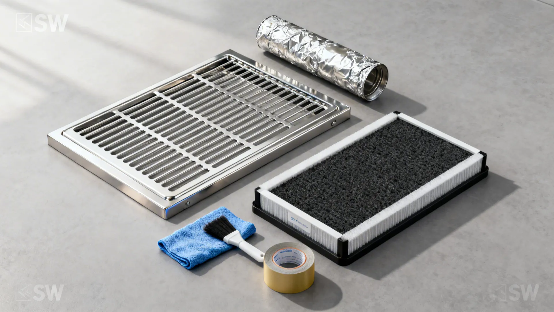 Flat lay of stainless grease filter, carbon filter cartridge, tape, and cleaning tools.