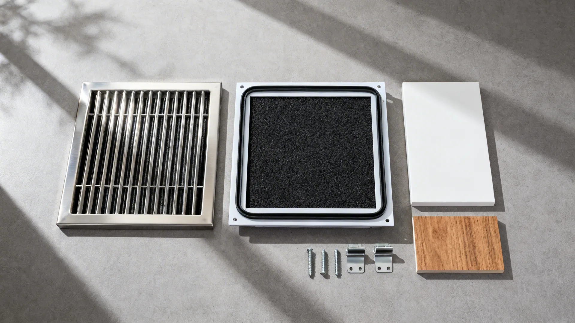 Flatlay of a stainless baffle filter, deep-bed carbon cartridge, and gasket on a neutral surface.