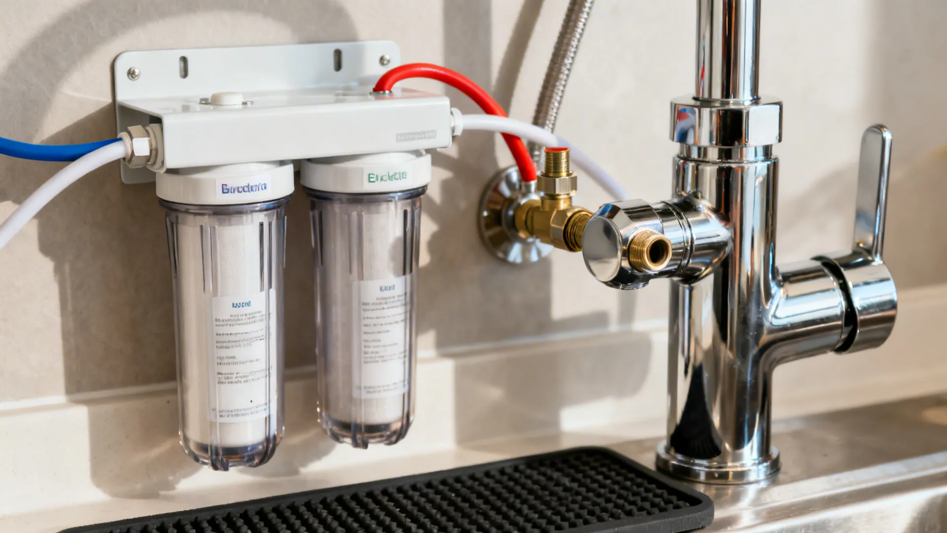 Macro of back-mounted under-sink water filter canisters with chrome quick-connect fittings.
