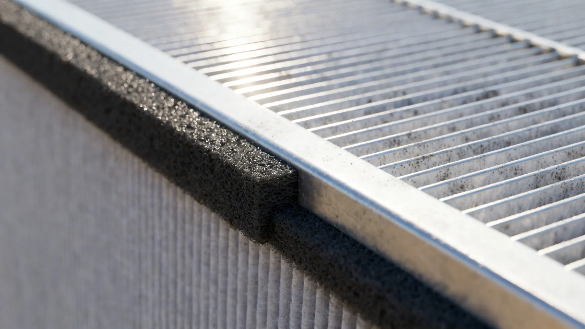 Macro detail of grease baffle fins next to a MERV filter frame and fibers under soft light.