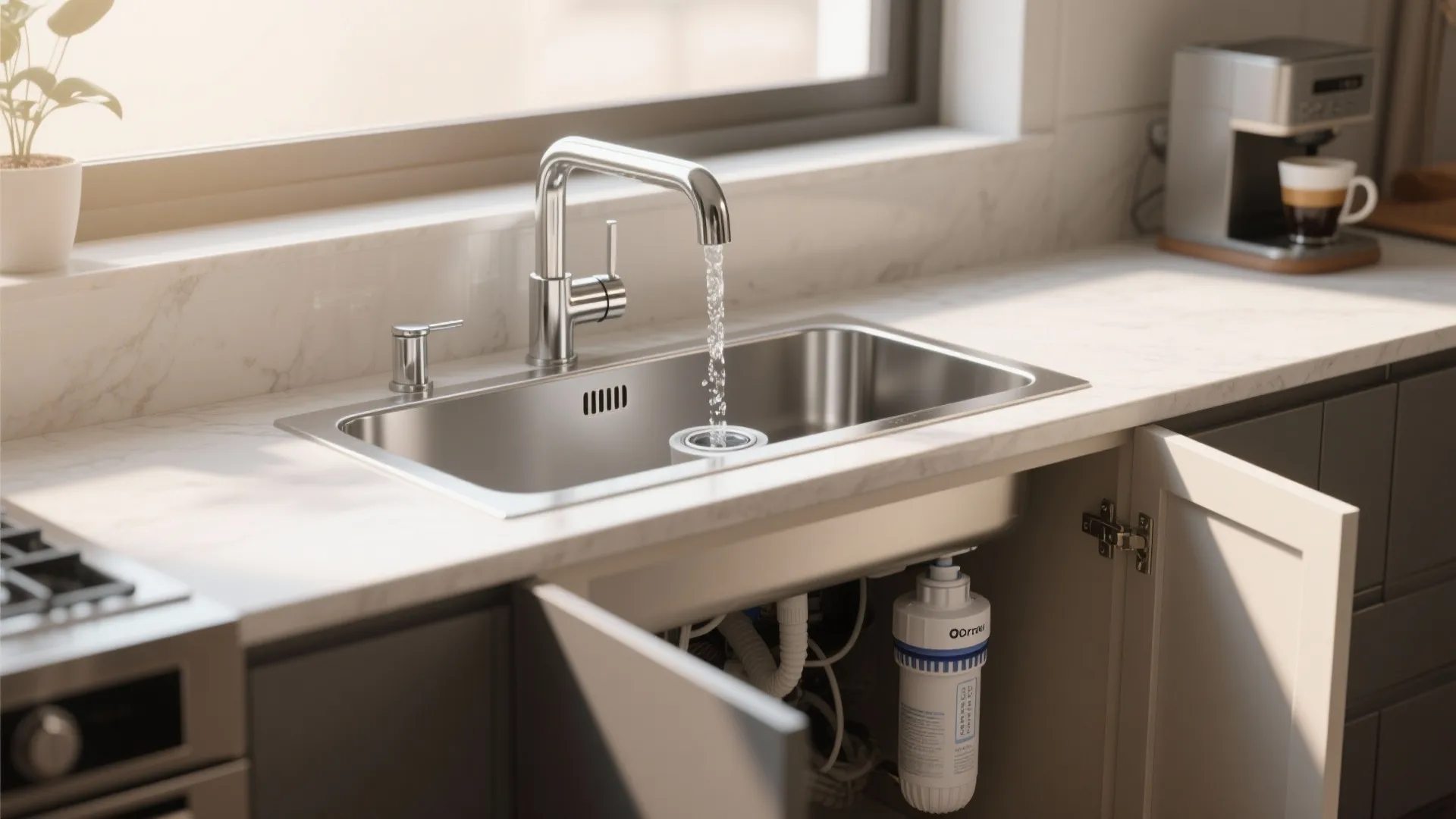 Kitchen sink with running water from silver tap showing water filter system in cabinet below