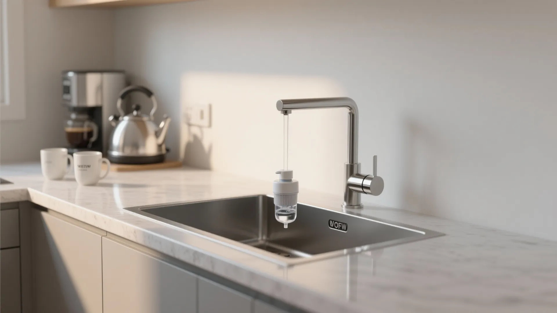 Small filtered water tap installed as the fourth hole beside a main faucet, shown near a neat coffee station.