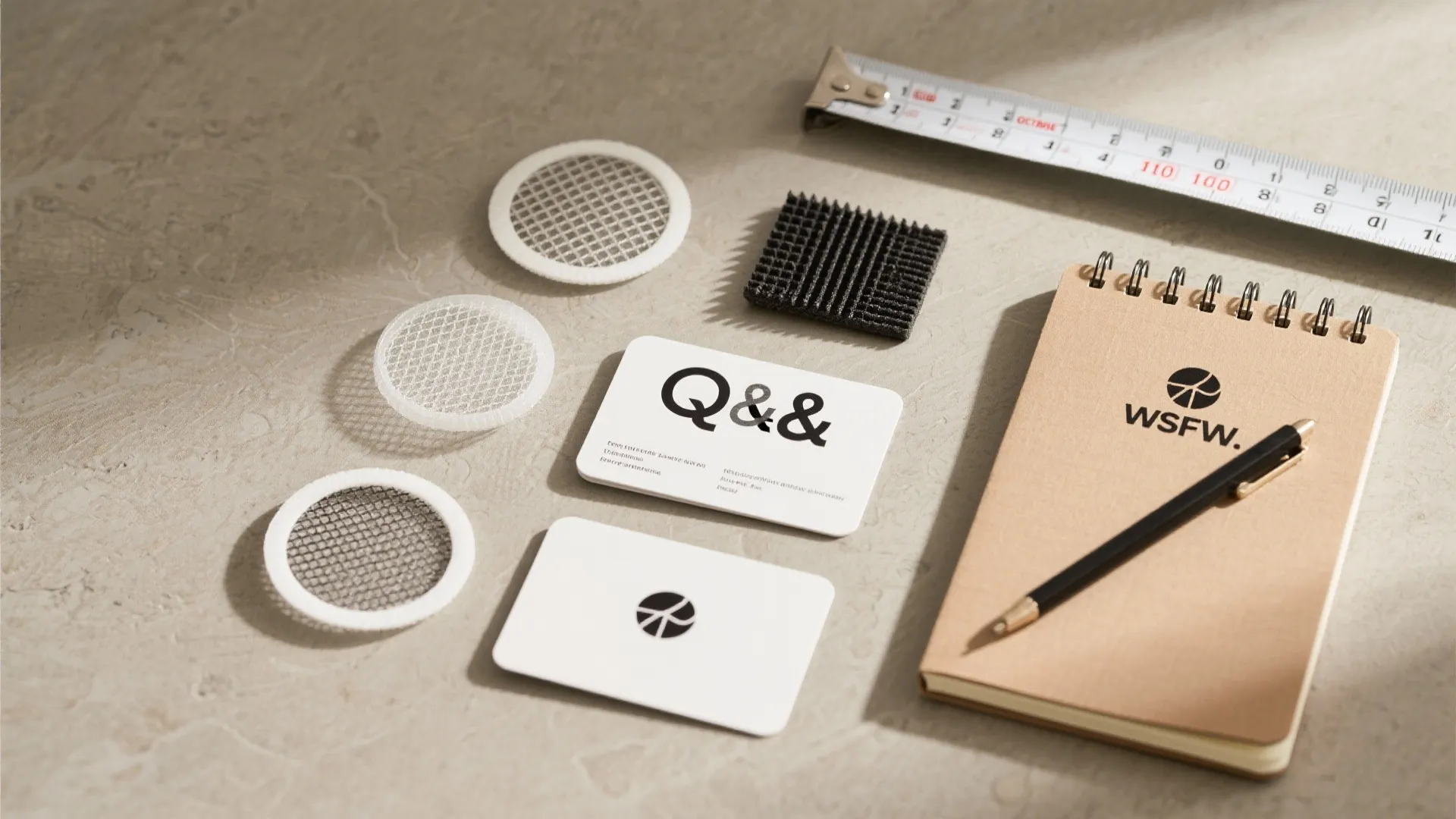 White mesh filters and black square filter placed with notebook pen and ruler on desk