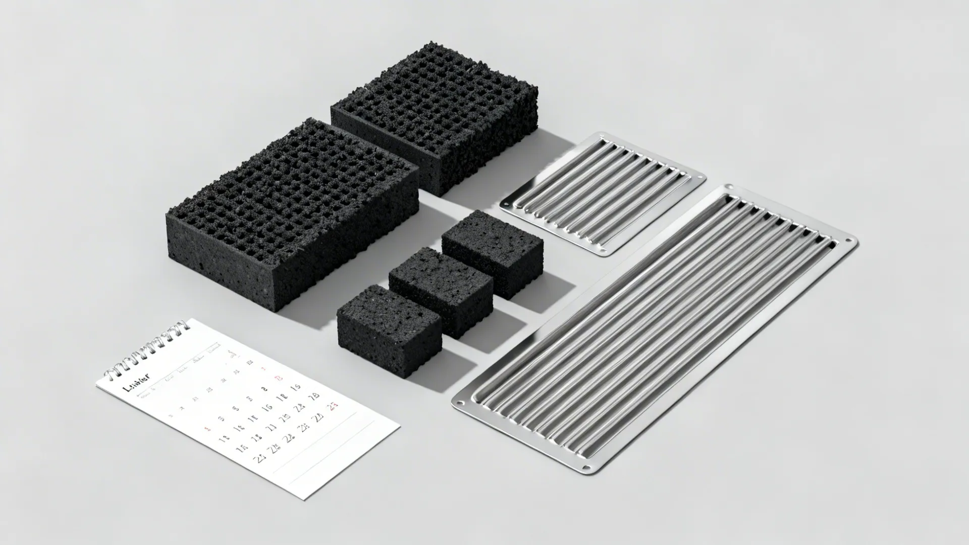 Flat lay of charcoal filter modules and stainless grease baffles for a hood.