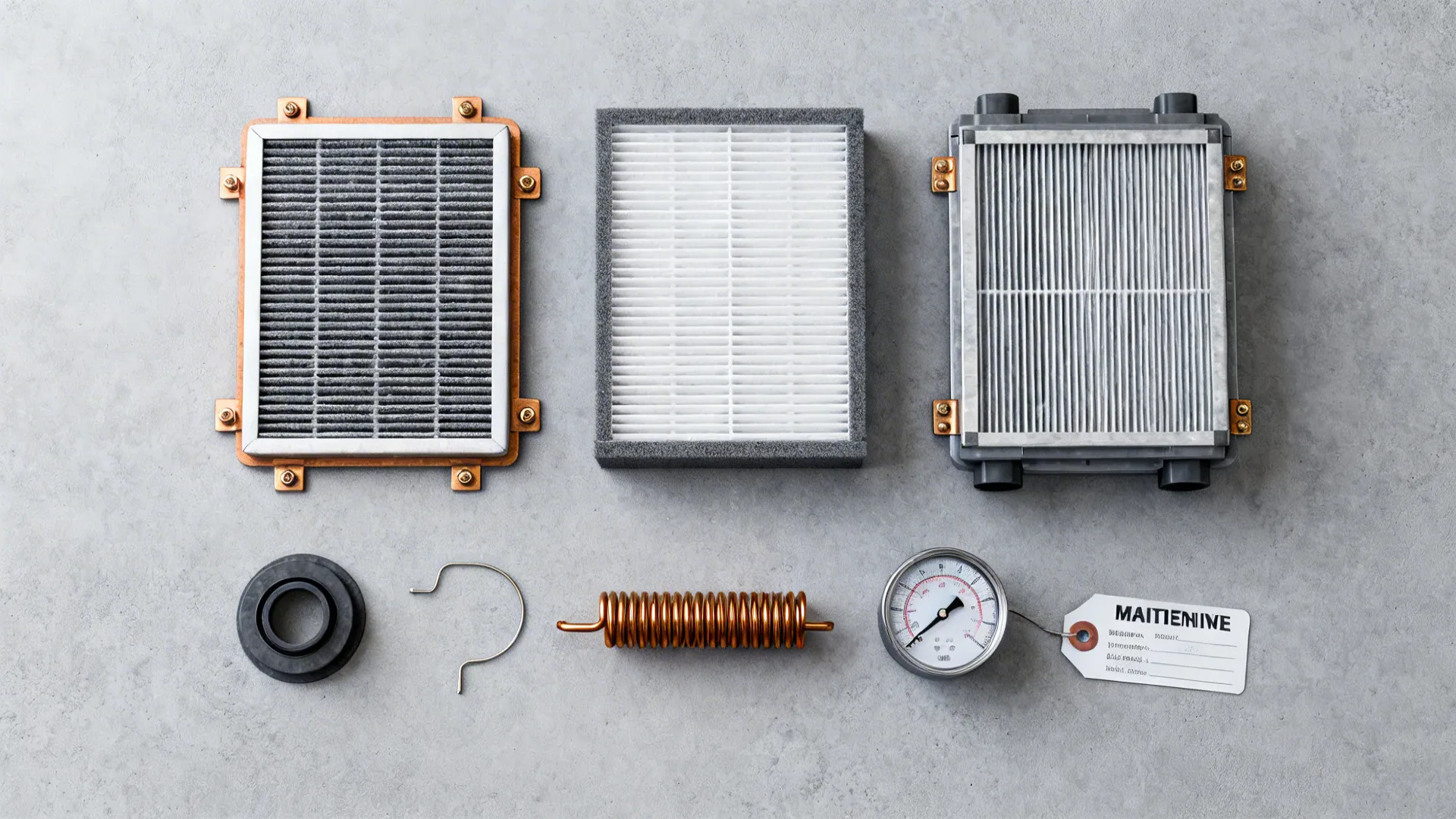 Flatlay of grease baffle, MERV filter, HEPA module, PCU element, and run-around coil segment.