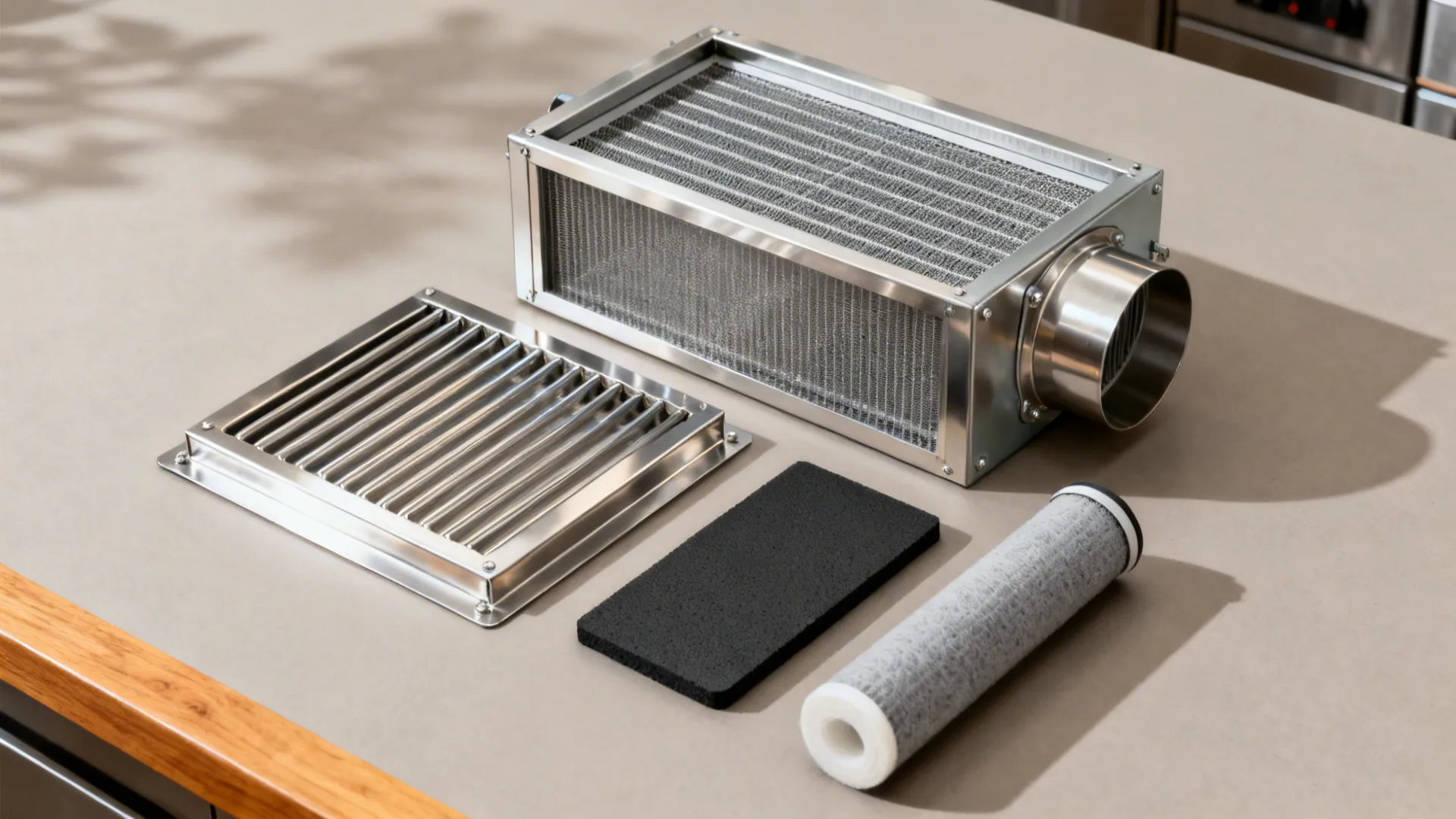 Flat lay of a stainless baffle filter, an ESP module, and a carbon cartridge for grease and odor control.