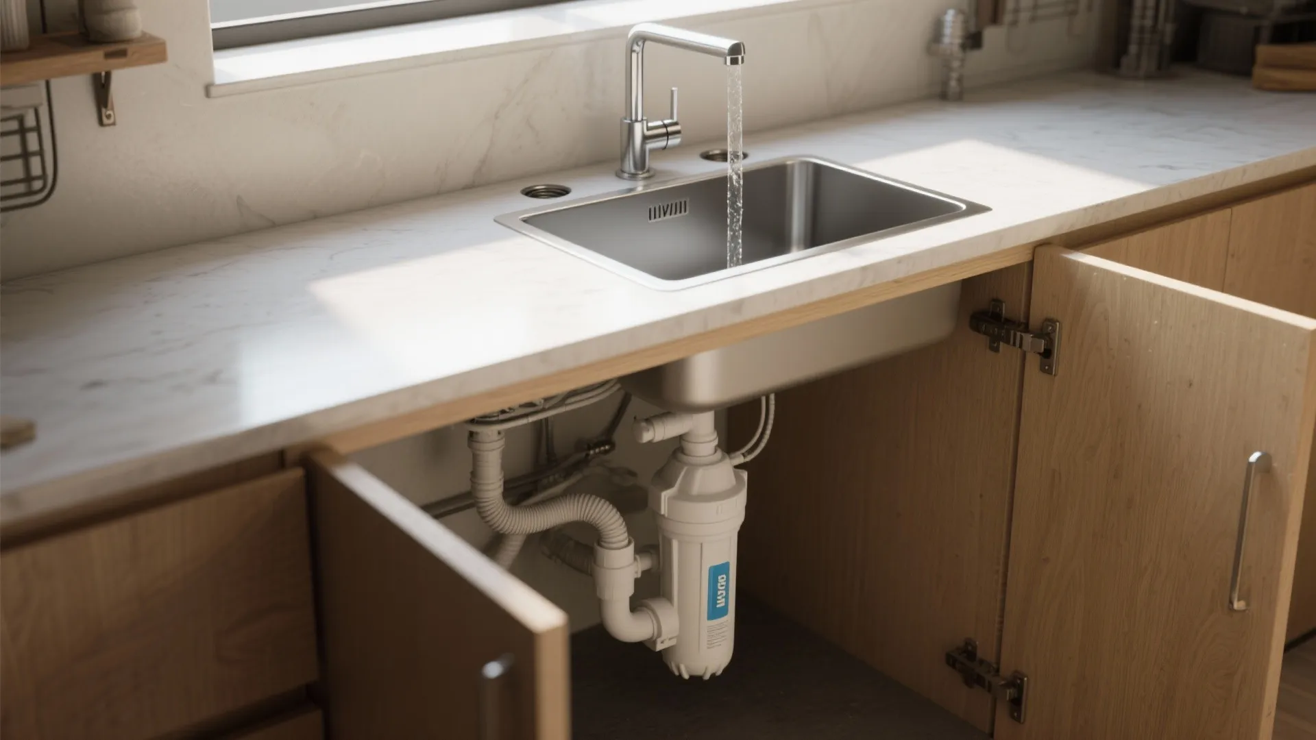 Kitchen sink with running water and white water filter system installed inside a modern cabinet