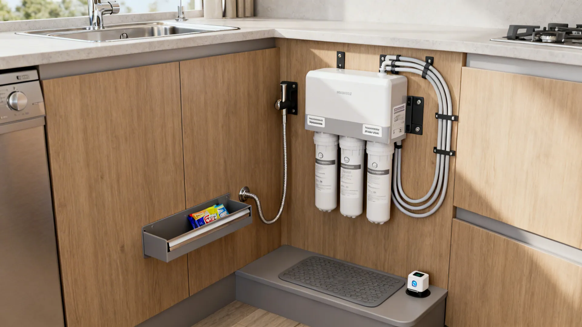 A white water filtration system with three filters mounted inside a wooden kitchen cabinet corner