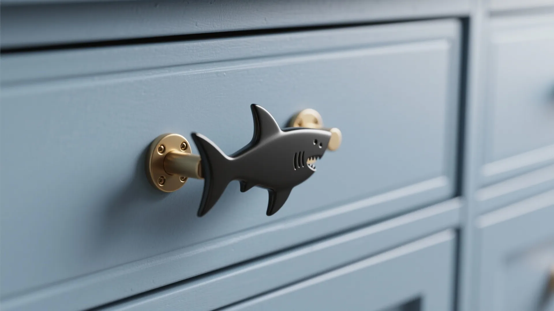Close-up of shark fin shaped vanity pulls in matte black on a blue-gray vanity.