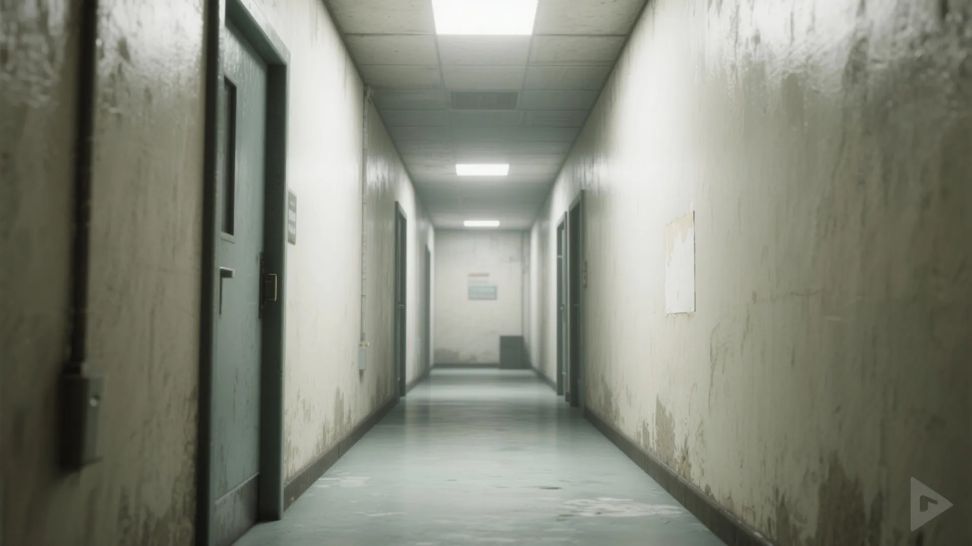 Long empty interior hallway with multiple doors ceiling lights and worn out white painted walls