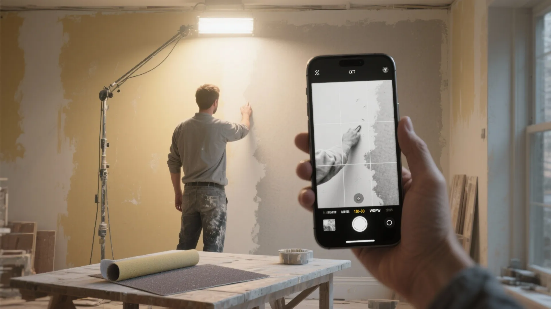 Taking a photo with a smartphone of a worker painting a white wall indoors professionally