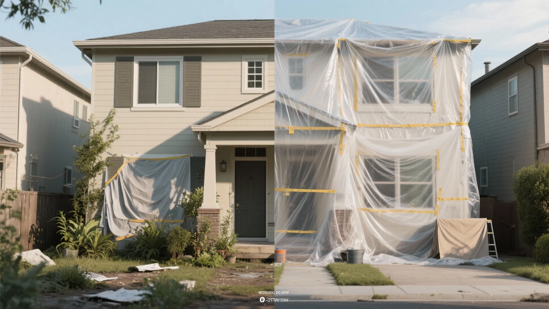 Before and after comparison showing an unprepared exterior vs. a fully masked and prepped area for spraying.