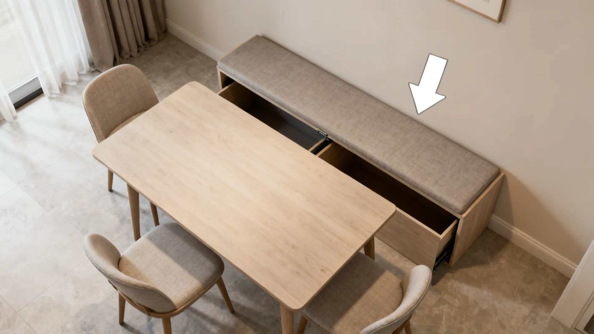 Top-down scene highlighting table sizing, clearances, and storage features.