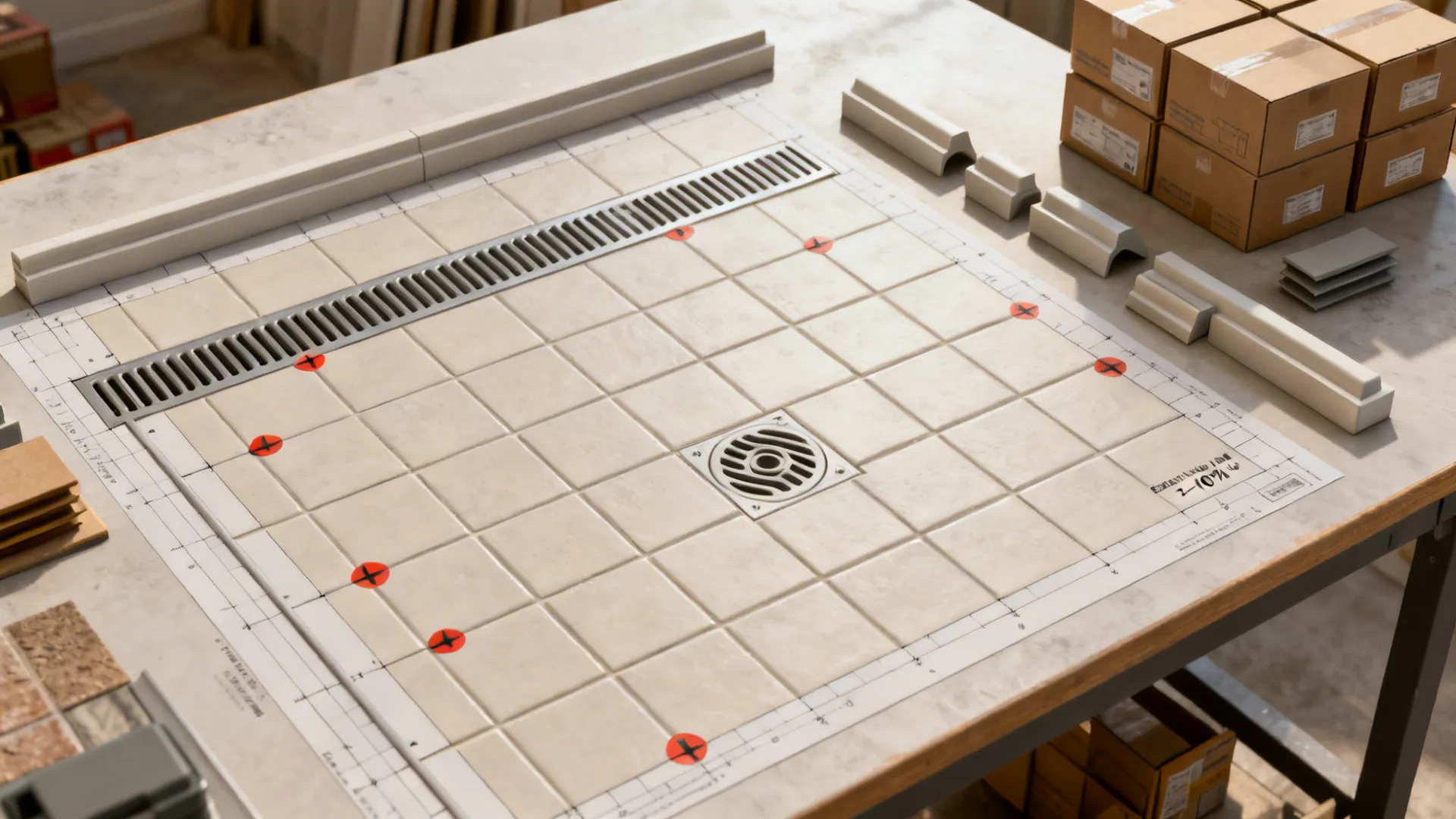 Top-down layout with drains, joints, cove bases, and extra tile boxes for attic stock.