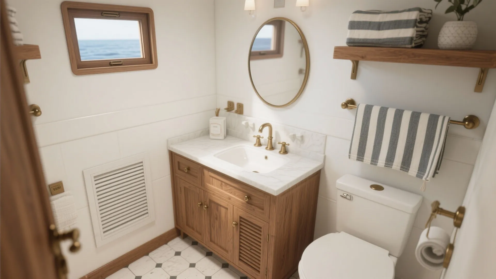Bathroom with wooden cabinet marble top round mirror white toilet striped towels and ocean view