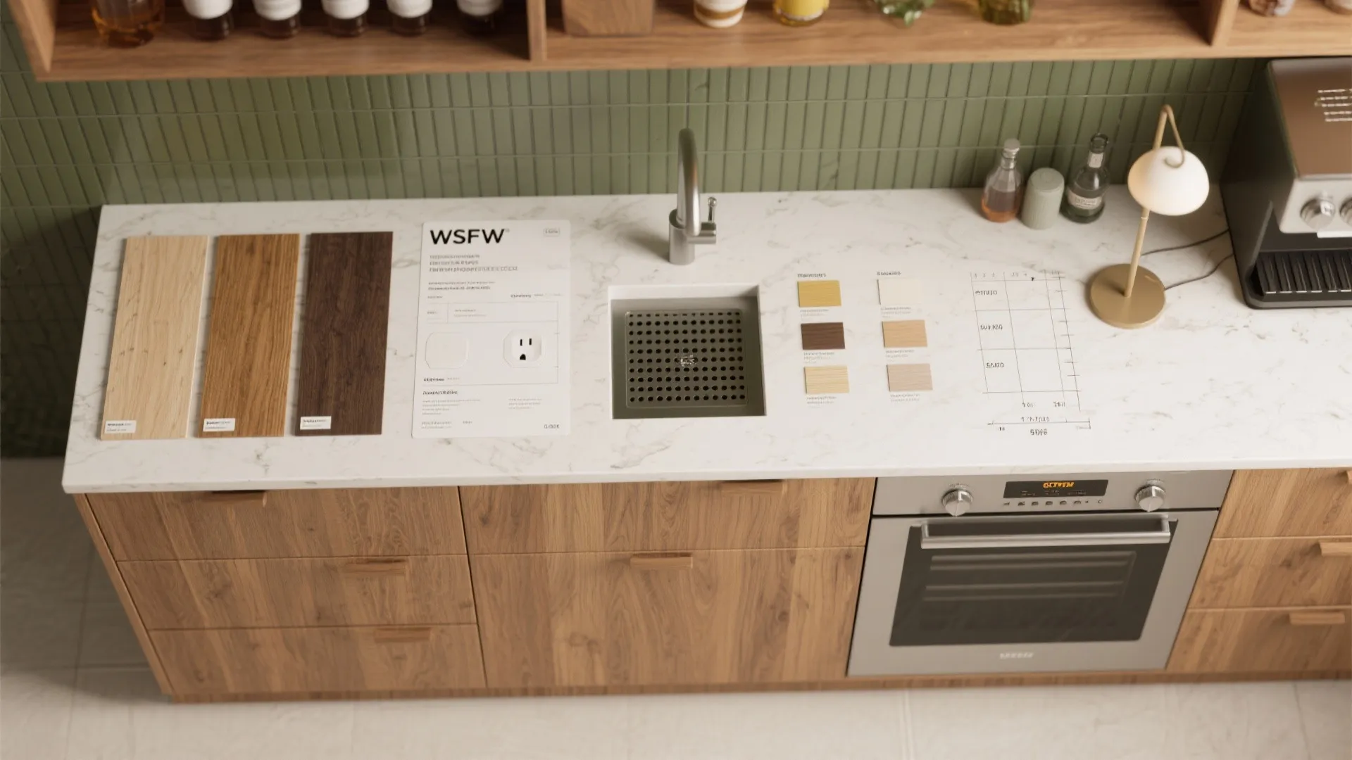 Kitchen countertop with material samples including wood tiles and paper plans near a small sink