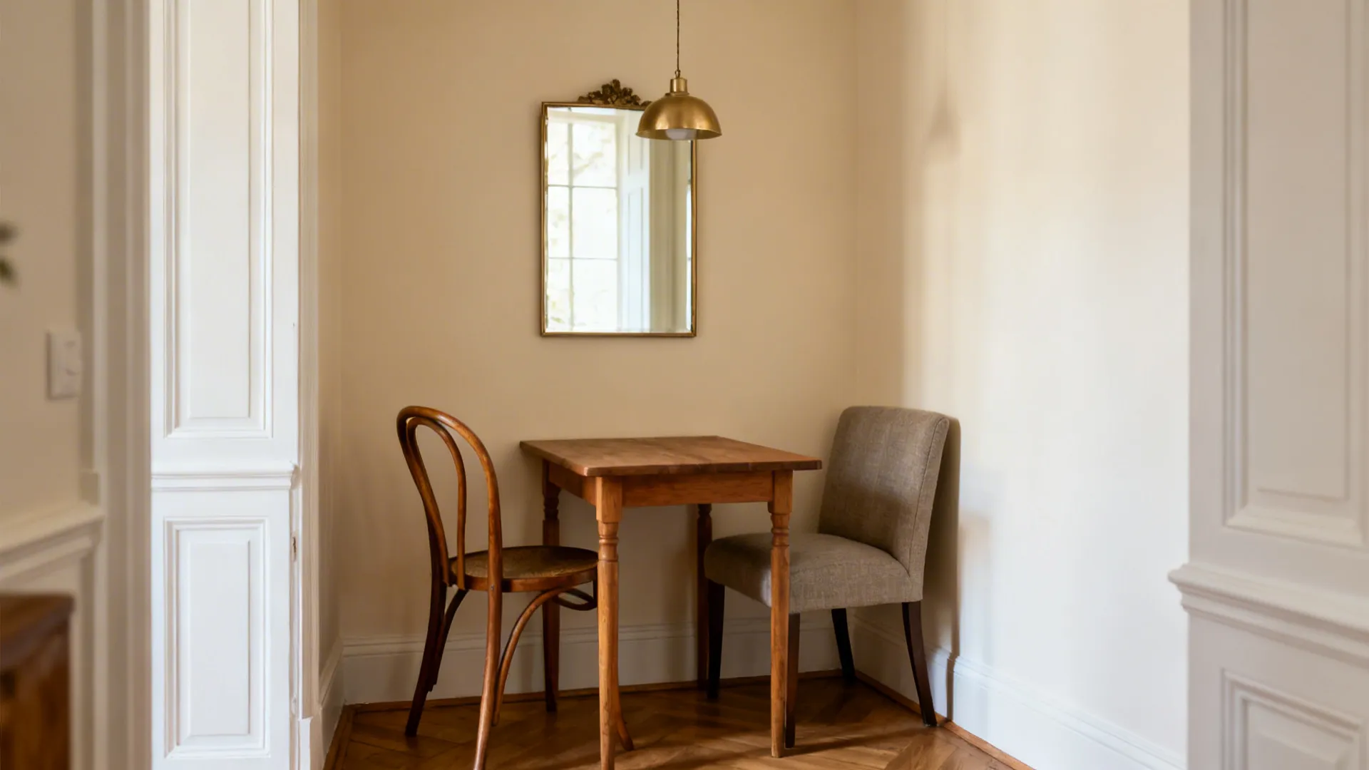 Serene small French dining nook with mixed chairs and mirror in soft light.
