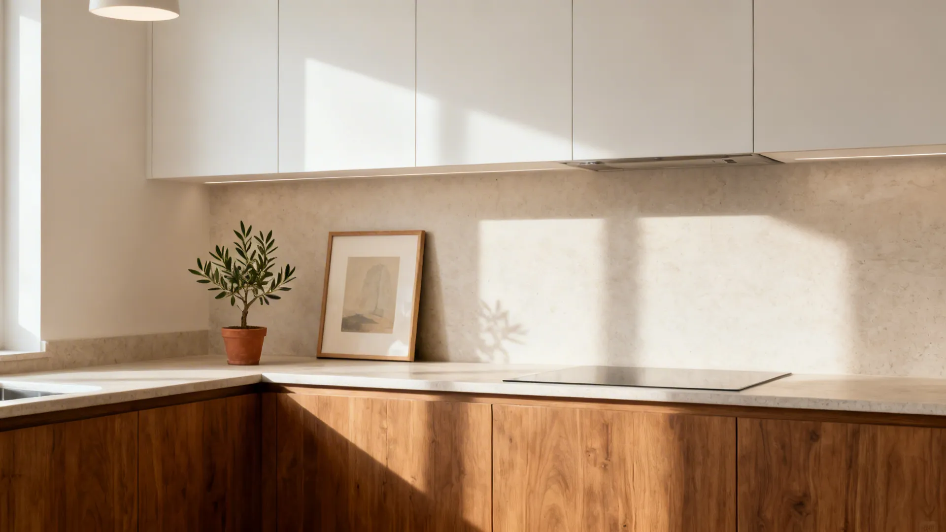 Modern kitchen counter with wooden cabinets white wall cabinets small potted plant and framed art