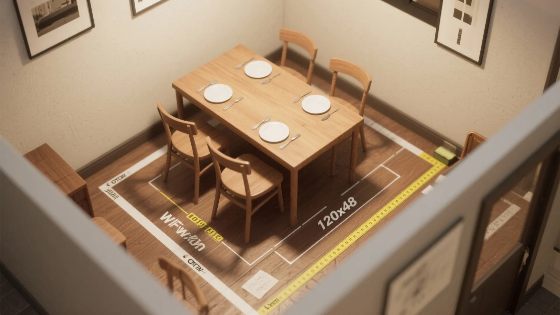 Top view of a wooden dining table with four chairs and plates in a small room