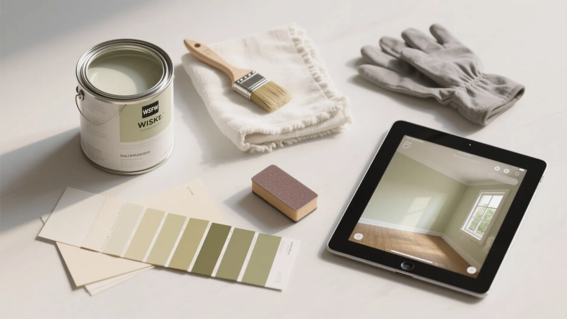 Paint can brush color samples and tablet showing a room design layout on white table