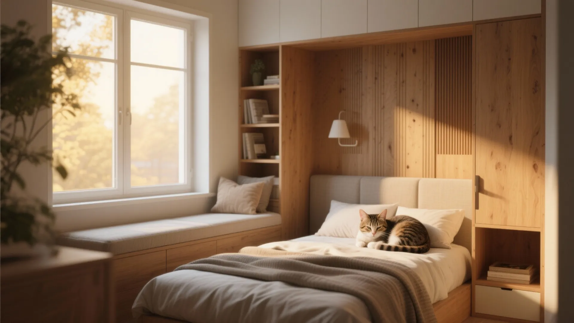 Cozy bedroom with wooden wall panel, window seat, and a cat resting on warm bed
