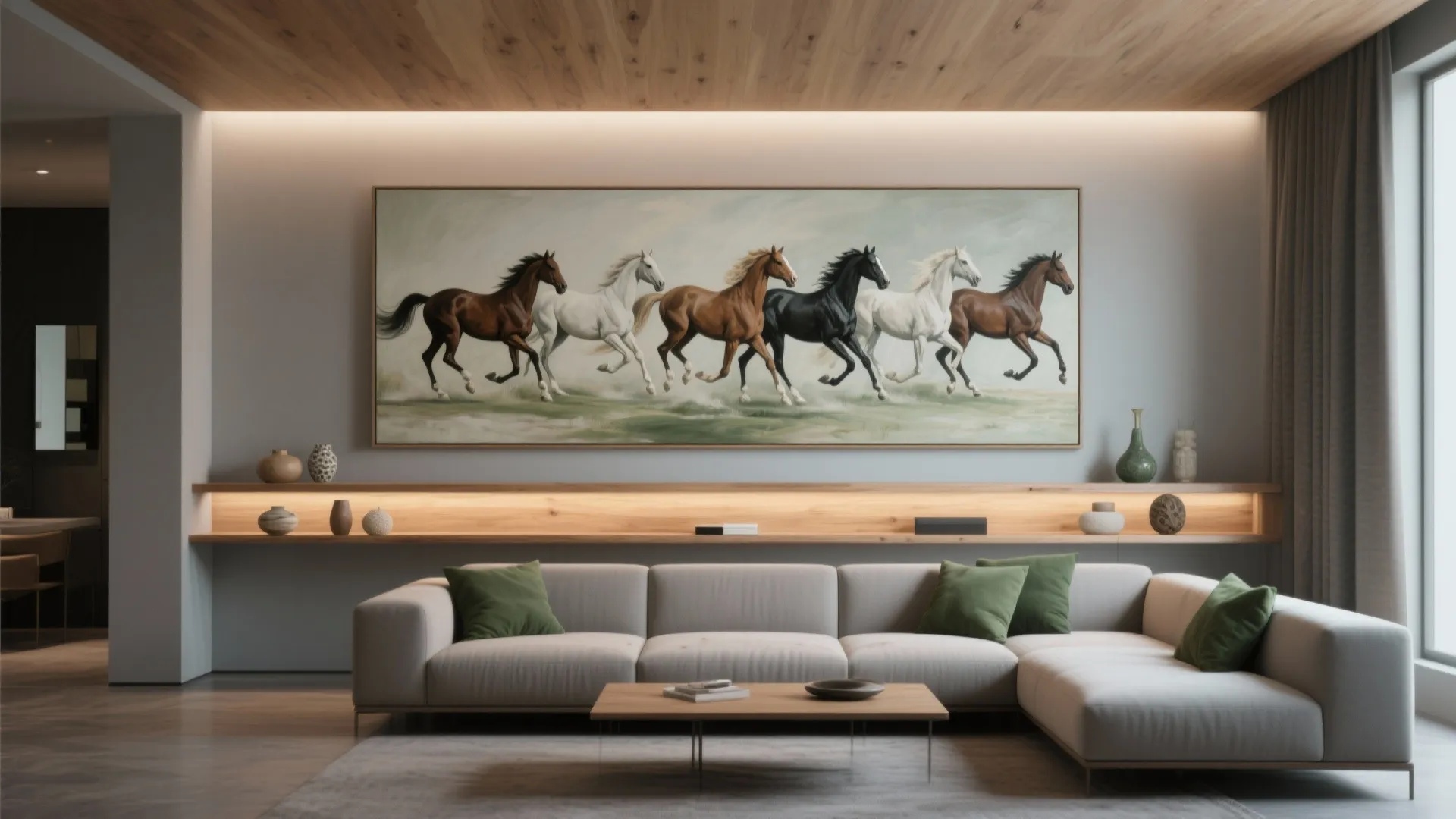 Contemporary living room with wood ceiling grey sofa green pillows and large running horse painting