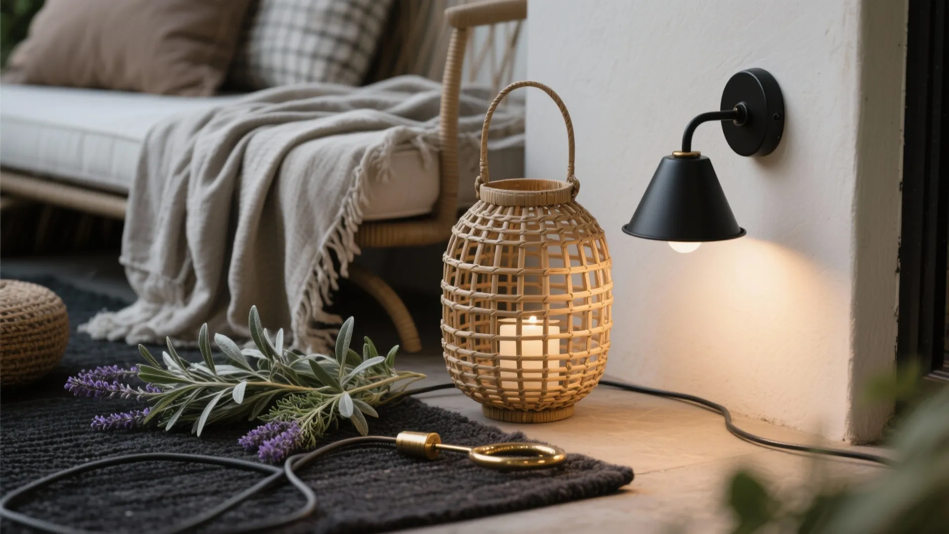 Close up of a woven lantern and black wall light on a cozy balcony floor