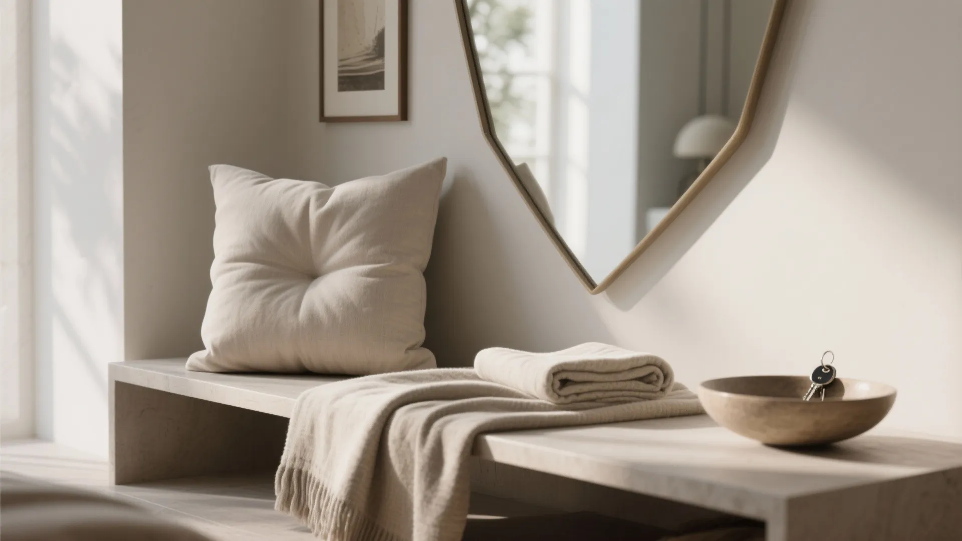 Macro of a sculptural cushion, folded throw, and a slim key bowl beside the diwan.