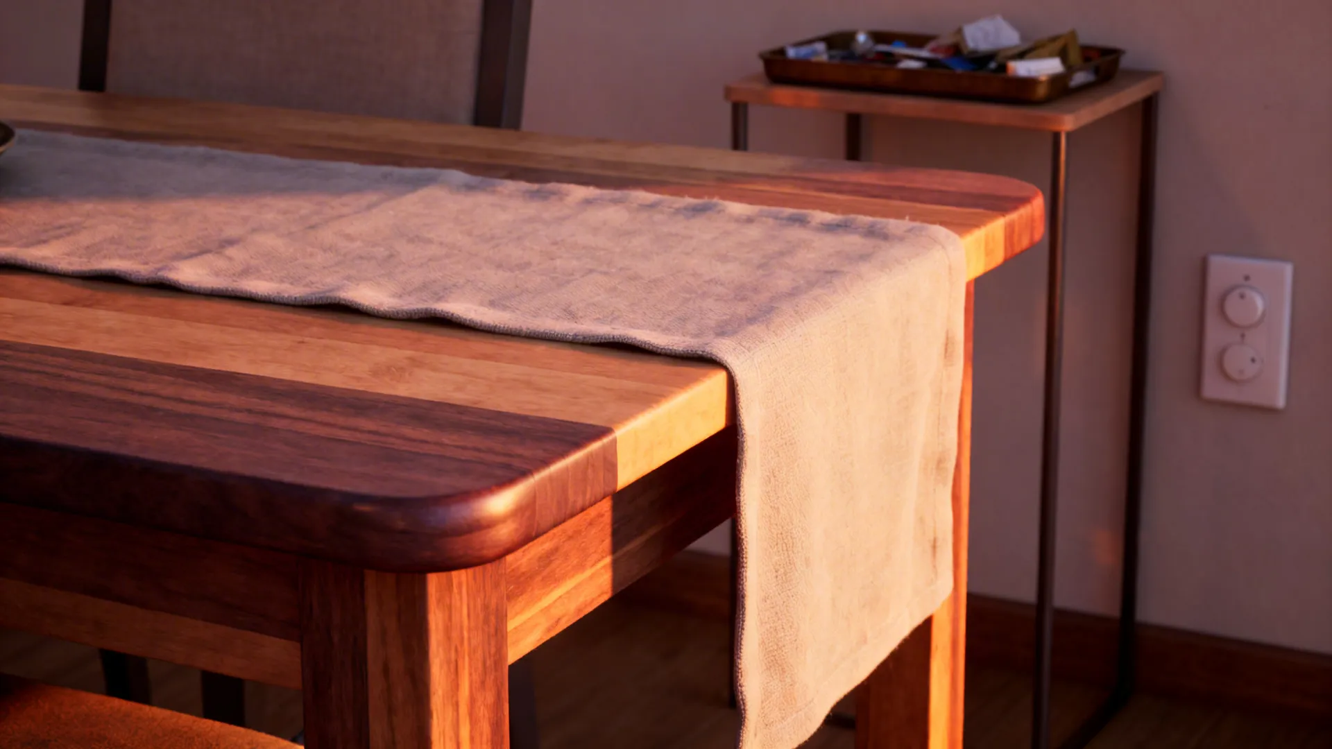 Close-up of dining styling: linen runner, coordinated wood tones, tray on sideboard, and dimmer switch.