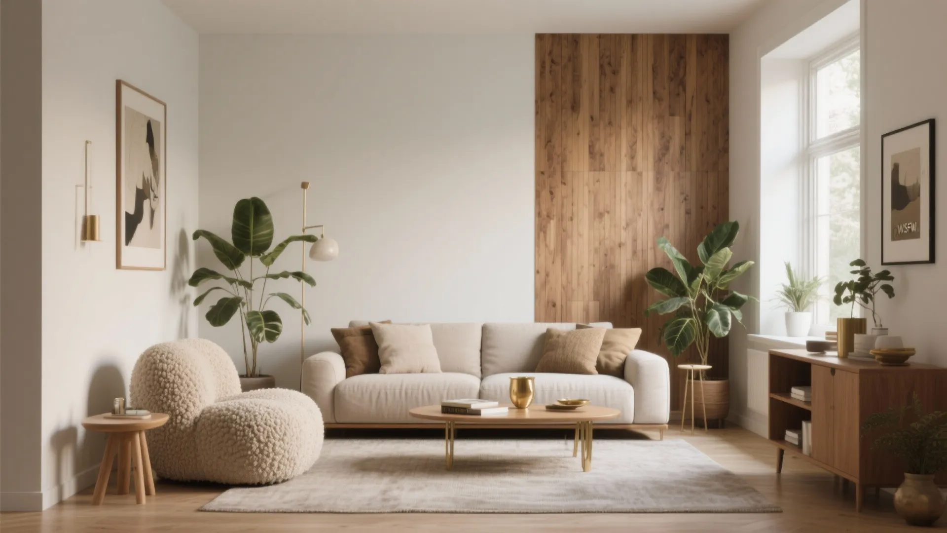 Modern small living room with light neutrals, a single accent wall, warm wood, textured fabrics, and plants in soft daylight.