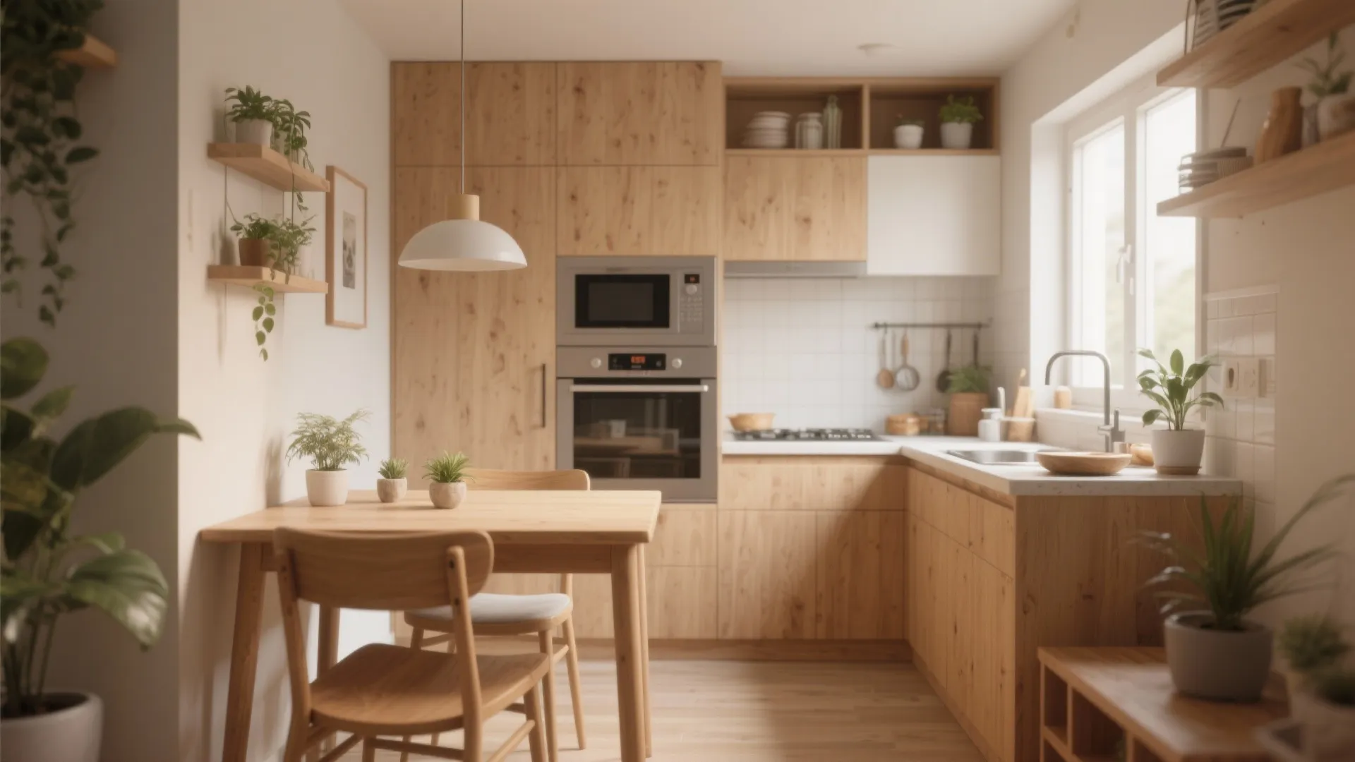 Small wooden kitchen with dining table chairs green plants white ceiling light and silver oven