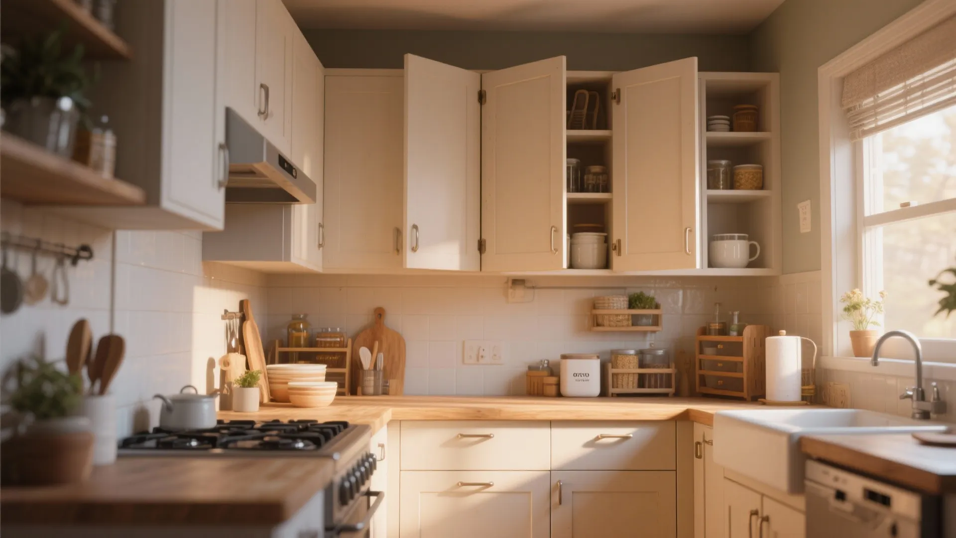Cozy kitchen interior with white wall cabinets, wooden countertop, gas stove, and white farmhouse style sink