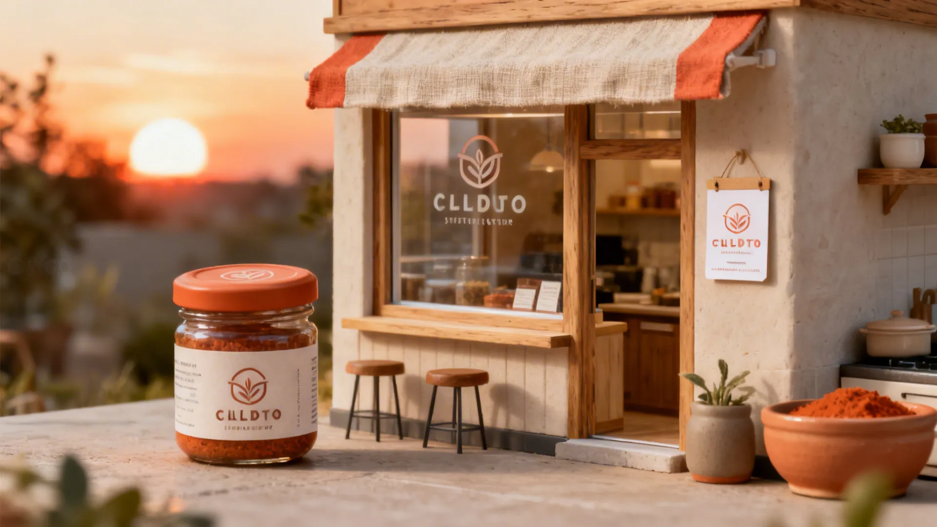 Cozy kitchen with logo applied on a jar lid, label, and storefront mockup.