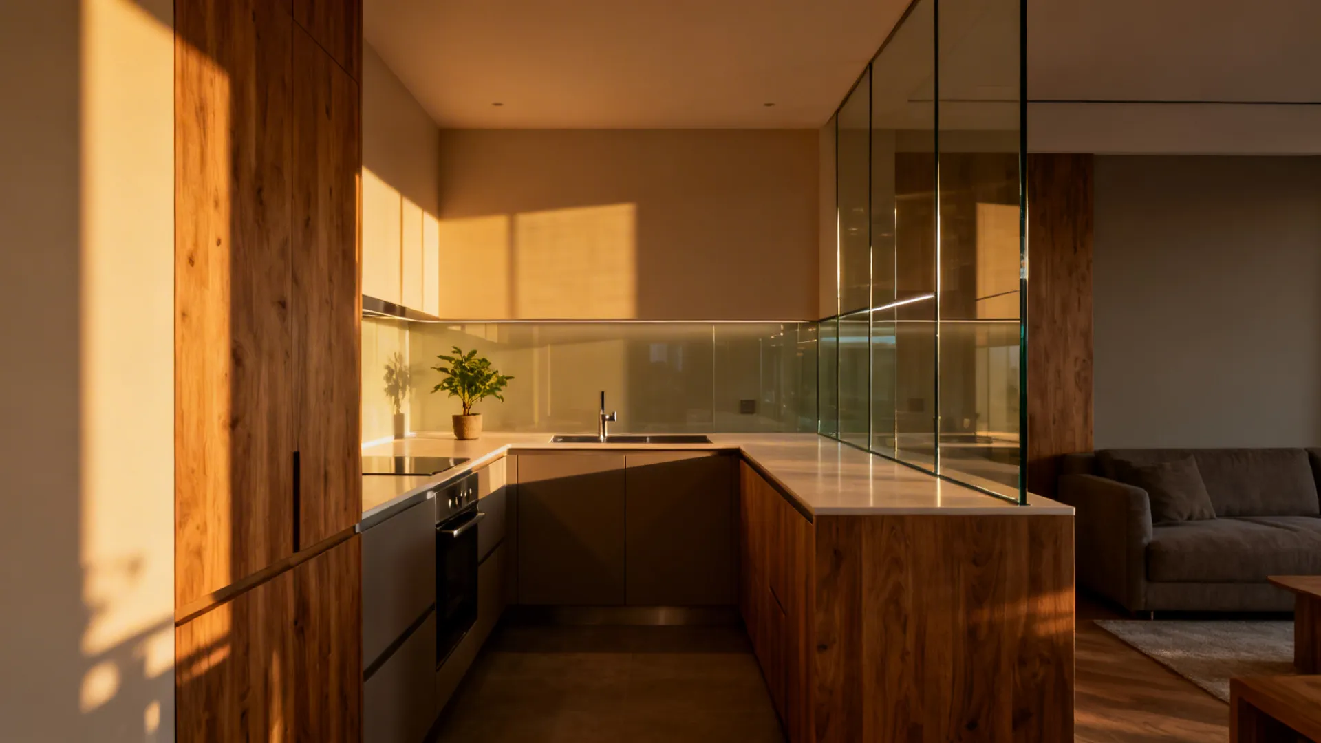 Warm cinematic corner view of an L-shaped compact kitchen with wood and glass accents.
