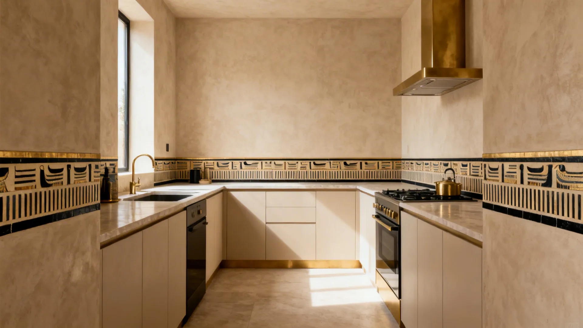 U-shaped kitchen with beige cabinets gold vent hood patterned wall tiles and light stone counters