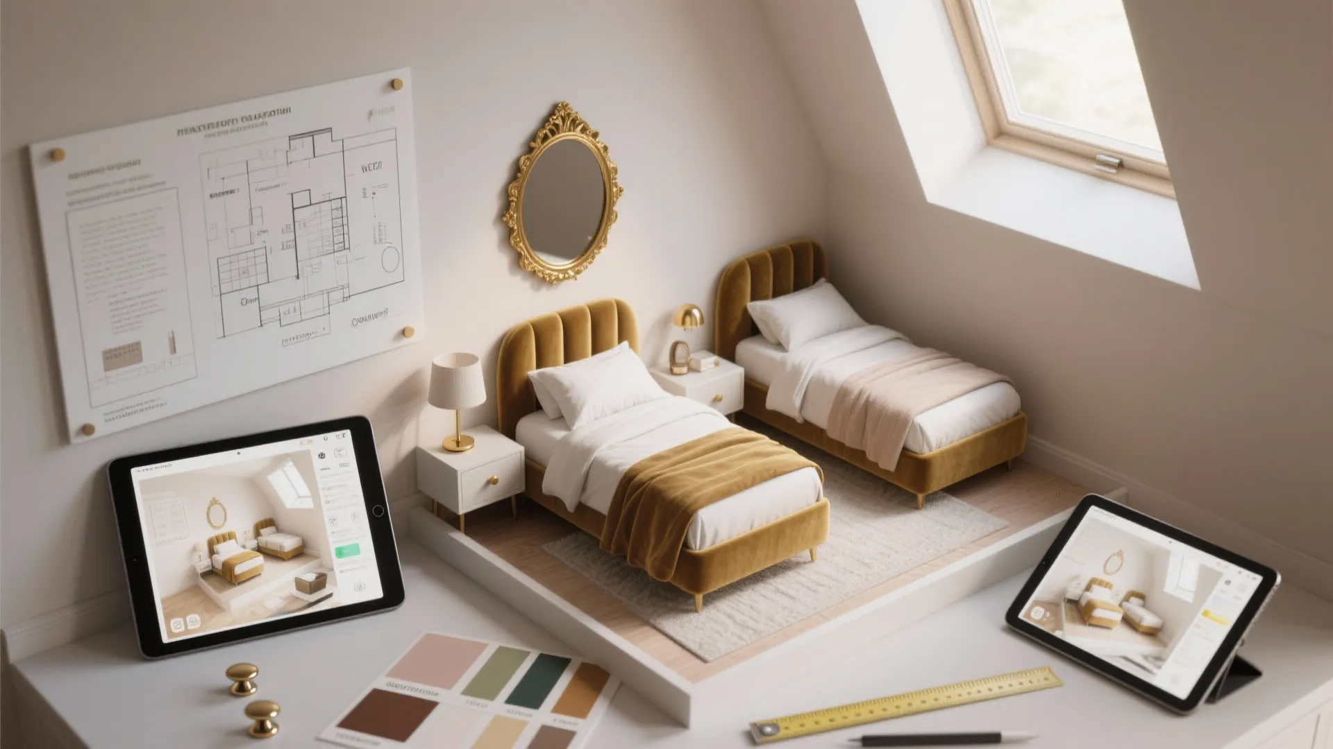 Miniature bedroom model with two yellow beds mirror roof window and digital tablets showing designs