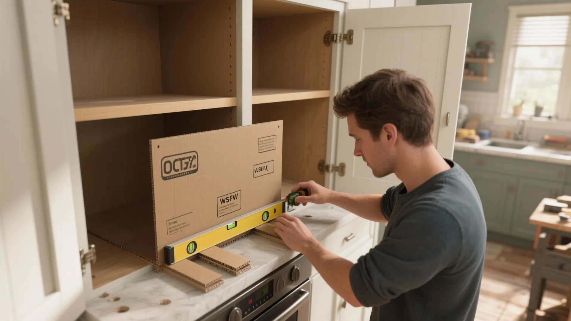 Man using a yellow level tool to measure and install a kitchen cabinet storage unit