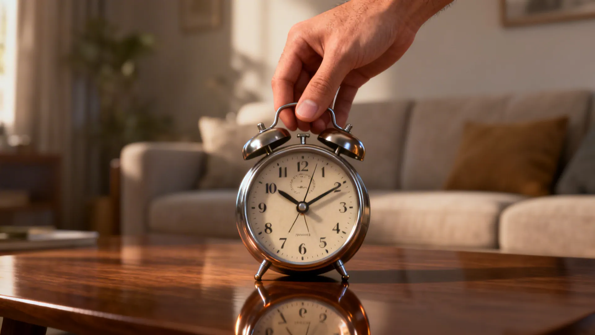 Hand lifting a table clock to test weight and sound in a warm living room setting.
