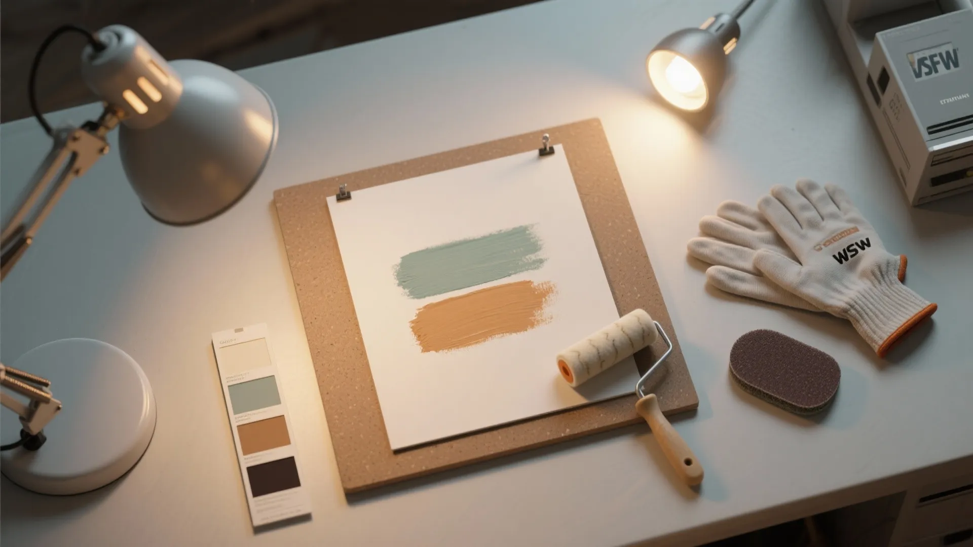 Work table with paint roller and color swatches and gloves and two desk light fixtures