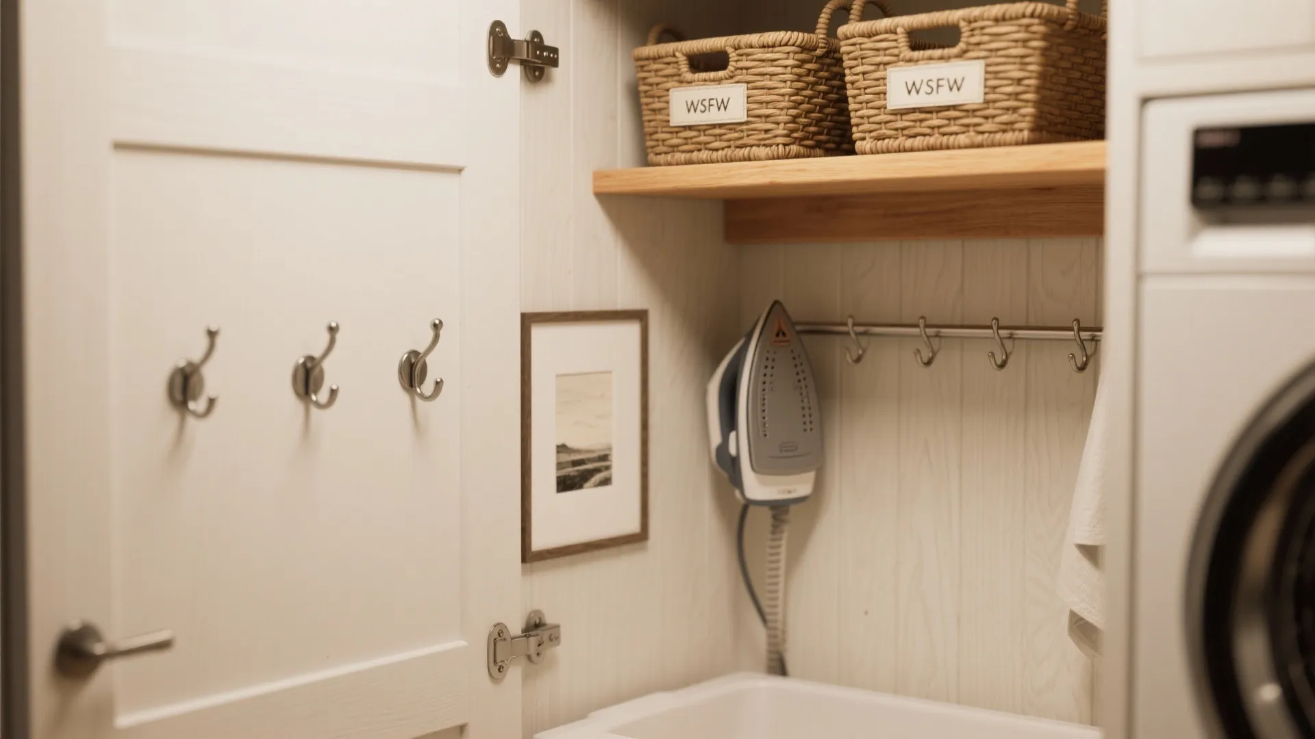 Small laundry nook with iron on wall hooks wooden shelf with baskets and laundry machine