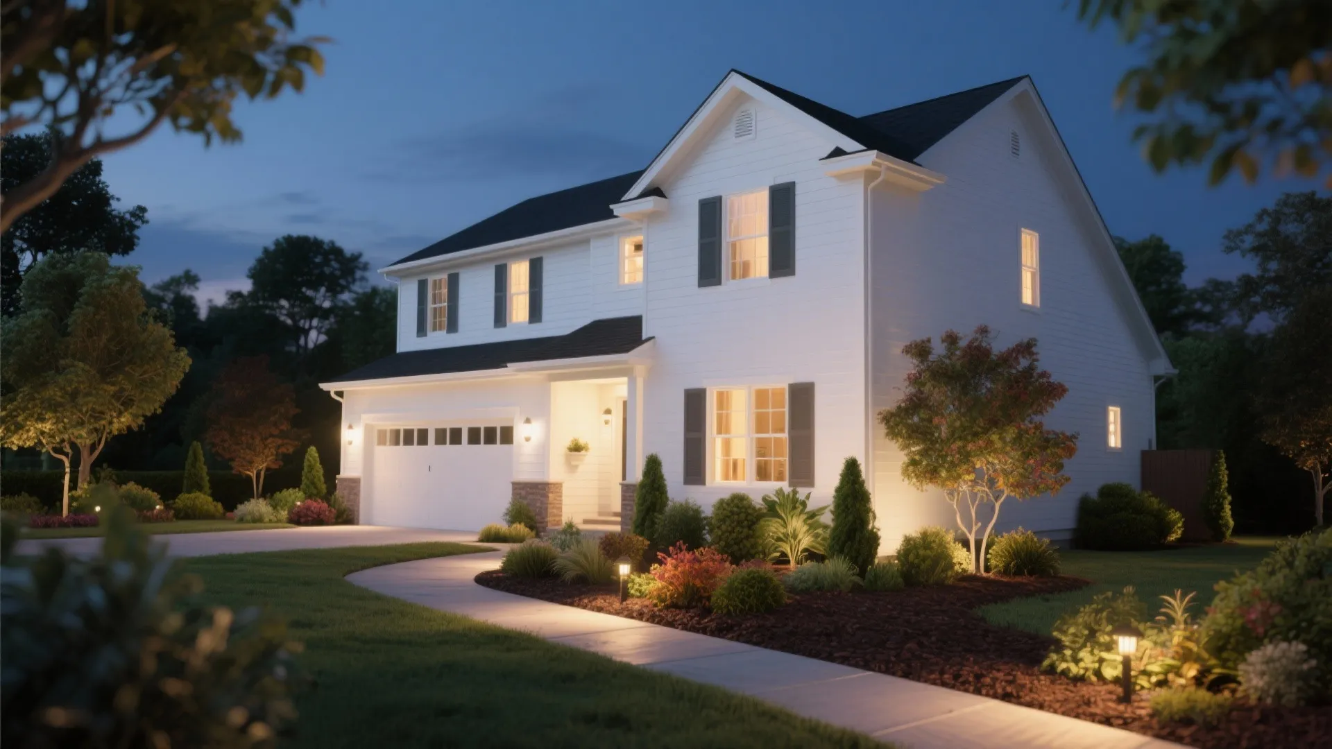 Two story white house at night with glowing windows curved stone path and green garden